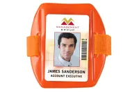 Vertical Fluorescent Orange Vinyl Holder with Orange Strap - Credit Card Size